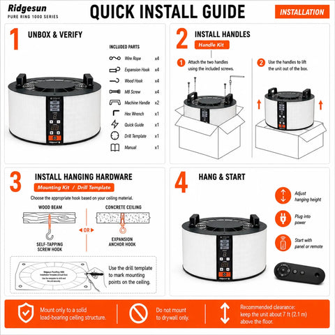 Installation guide for Rock Solid 1040 CFM Shop Air Filtration System, showing unboxing, handle installation, and setup steps.
