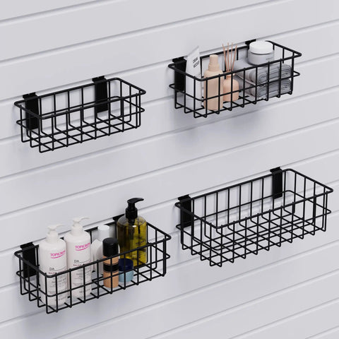 Heavy Duty Slatwall Baskets 6 Pack Black Multi Size Storage Organizer for Garage and Workshop, wall-mounted caddies