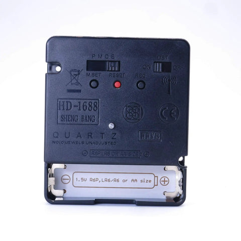 Back view of Radio Controlled Clock Movement DIY Kit With 0.67 Inch Axis 17mm WWVB Time Signal, showing battery slot and settings.