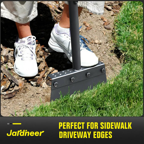 Person using Flat Shovel Heavy Duty Garden Tool With Long Handle on garden edge, 60-inch length, quenched steel blade visible.