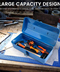 Open blue metal tool box with tools on workbench, Portable Metal Tool Box With Multi Compartment Organizer, Iron Construction