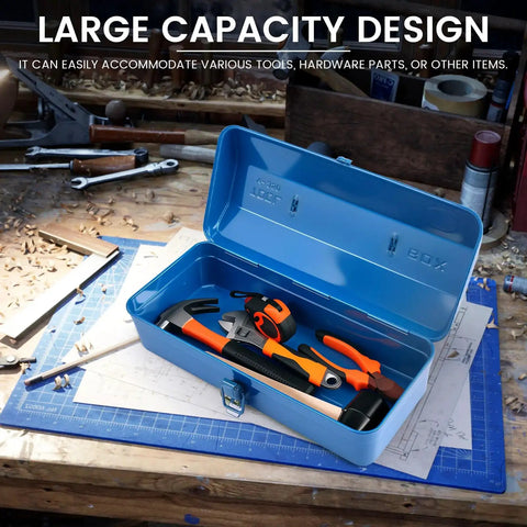 Open blue metal tool box with tools on workbench, Portable Metal Tool Box With Multi Compartment Organizer, Iron Construction