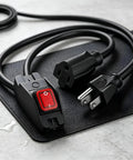 Heavy Duty Premium Weatherproof Extension Cord With 3 Prong Grounded Plug showing power switch, black cord, and grounded ends.