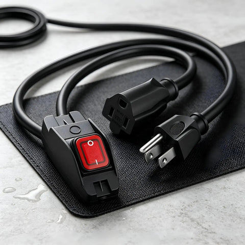 Heavy Duty Premium Weatherproof Extension Cord With 3 Prong Grounded Plug showing power switch, black cord, and grounded ends.
