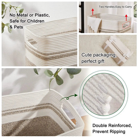 All In One Cotton Rope Laundry Hamper And Storage Basket With Handles Collapsible Go To Organizer For Living Room Toys Blankets And Clothes Yellow Variegated 16 By 13 By 22 Inches showing close-ups of reinforcement and handles.
