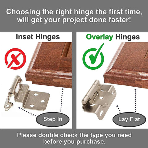 Comparison of inset hinge with step-in and overlay hinge with lay flat design for cabinet doors.