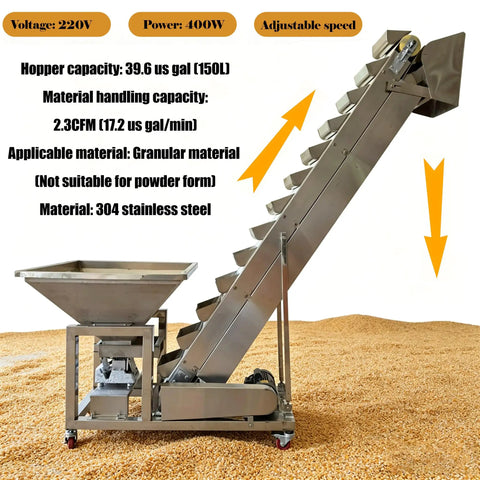 Dinenovate Heavy Duty Z Type Bucket Elevator 6.5ft Lifting Height Stainless Steel Conveyor For Farm Or Factory Bulk Material Handling 220V with hopper and conveyor.