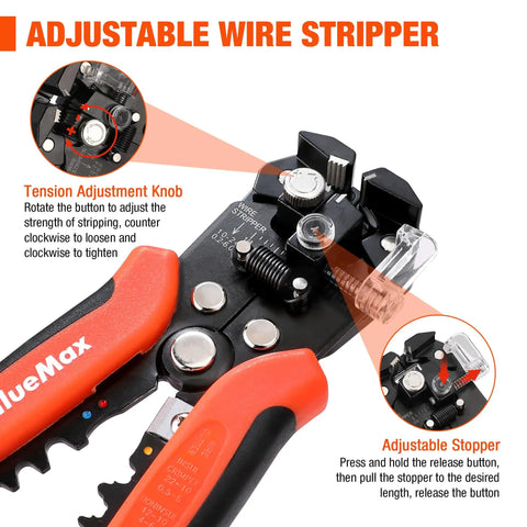 Close-up of All In One Wire Stripper Tool Kit With 266 Pieces Self Adjusting 8 Inch Automatic Wire Stripping Tool showing tension knob.