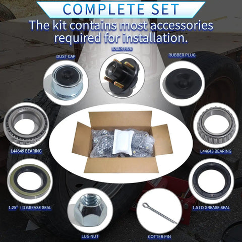 Complete set of accessories for Tough As Nails Trailer Wheel Hub Kit for 2000 lb straight axles with 4 on 4 inch bolt pattern.
