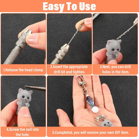Handy Pin Vise Hand Drill Set For Resin Crafts And Jewelry Making, Includes 600 Small Screw Eye Hooks And 10 Drill Bit Sizes 0.8mm To 3.0mm, Ergonomic Zinc Alloy Handle, Push Drill Tool For Epoxy Jewelry Projects steps