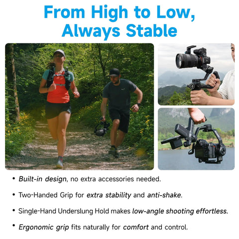 People using the SCORP C2 Camera Gimbal Stabilizer With AI Tracking 4.0 For Dope Vlogging in outdoor and handheld settings.