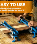 Upgraded 19 Inch Panel Clamps Set Of 2 With 4 Way Steel Parallel Clamps Heads And Tailstocks For Precise Woodworking, Heavy Duty Rails, Easy Handles, Durable 2mm Track, Ideal For DIY Projects And Shop Assembly. Woodworker clamping boards on blue steel panel clamps