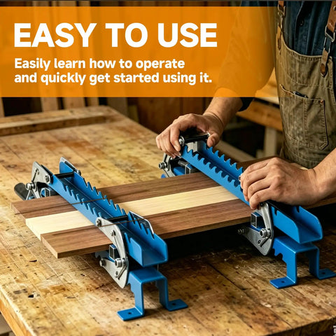 Upgraded 19 Inch Panel Clamps Set Of 2 With 4 Way Steel Parallel Clamps Heads And Tailstocks For Precise Woodworking, Heavy Duty Rails, Easy Handles, Durable 2mm Track, Ideal For DIY Projects And Shop Assembly. Woodworker clamping boards on blue steel panel clamps