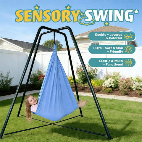 Heavy Duty Sensory Swing With Stand And Pod Chair Set Metal X Frame Hammock Chair Stand For Home And Outdoors, backyard setup.