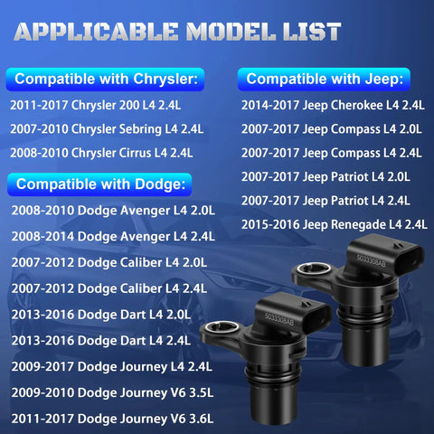 Dodge Camshaft Position Sensor Set Of 2 For Journey Avenger Caliber Dart Patriot Compass Cherokee Renegade And Chrysler 200 2.0L 2.4L L4 Engines Easy Plug And Play OE Replacement, black sensors