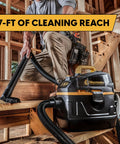 Heavy Duty 5 Gallon Wet And Dry Shop Vac With Beast Series Motor showing 27-ft reach in a workshop setting.