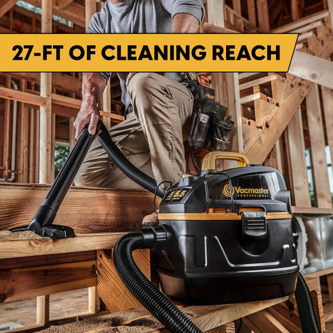 Heavy Duty 5 Gallon Wet And Dry Shop Vac With Beast Series Motor showing 27-ft reach in a workshop setting.