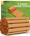 8 Ft Cedar Garden Pathway Roll Out Walkway For Patio And Beach Events, Weather-Resistant Wooden Boardwalk Path, Easy Portable Outdoor Path For Weddings, Parties, Garden Decor And Seasonal Use; rolled view with package.
