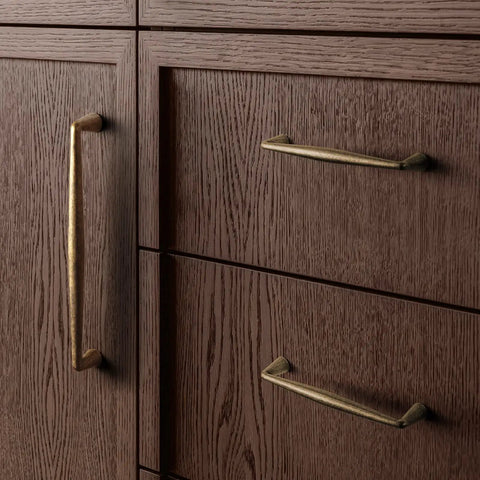 Brushed Brass Cabinet Handles, 12.6 Inches, 320mm Hole Center, Zinc Alloy Pulls For Kitchen And Bedroom, installed on wood cabinet