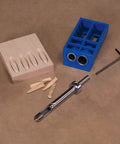 Workhorse Micro Plug Cutting Bit For Custom Pocket Hole Plugs Pro-Grade Hardwood Bit with jig and hex key on wooden surface