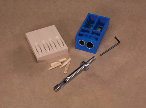 Workhorse Micro Plug Cutting Bit For Custom Pocket Hole Plugs Pro-Grade Hardwood Bit with jig and hex key on wooden surface