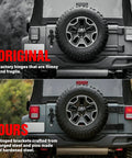 Comparison showing Tough As Nails Steel Tailgate Hinge Set Heavy Duty Reinforced Rear Door Brackets for 2007-2018 Jeep Wrangler.