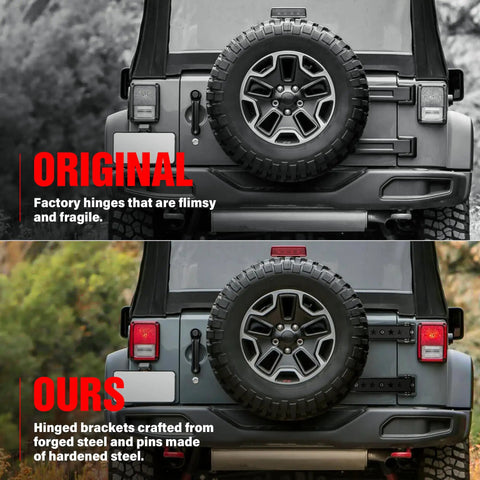 Comparison showing Tough As Nails Steel Tailgate Hinge Set Heavy Duty Reinforced Rear Door Brackets for 2007-2018 Jeep Wrangler.