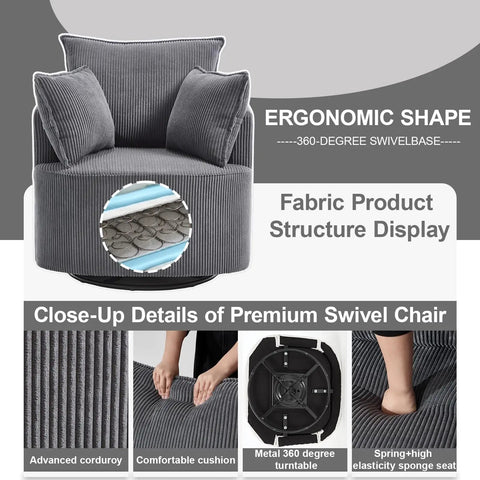 360 Degree Swivel Accent Chair In Corduroy Gray, Upholstered Barrel Reading Chair With Reclining Armchair For Living Room, Bedroom, Office Or Apartment, Modern Cozy And Versatile