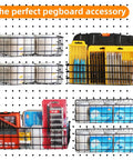 4 Pack Pegboard Baskets Set With Hooks, Square Style Pegboard Organizers For Workbench And Garage Storage, Heavy Duty Chrome Steel Bins In S M L XL Sizes, Each Holds Up To 30 Lbs displayed on pegboard with tools and supplies organized inside.