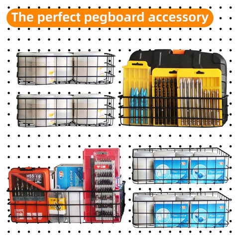 4 Pack Pegboard Baskets Set With Hooks, Square Style Pegboard Organizers For Workbench And Garage Storage, Heavy Duty Chrome Steel Bins In S M L XL Sizes, Each Holds Up To 30 Lbs displayed on pegboard with tools and supplies organized inside.
