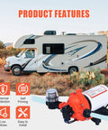 110V Electric Water Pressure Pump 4.0 GPM 50PSI Self Priming Diaphragm Booster with garden hose adapter next to RV.