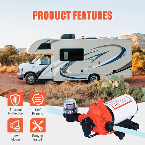 110V Electric Water Pressure Pump 4.0 GPM 50PSI Self Priming Diaphragm Booster with garden hose adapter next to RV.