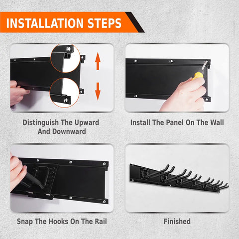 Installation steps for 96 Inch Garage Wall Organizer Heavy Duty 1200 Lbs Capacity With 12 Hooks Broom Holder All In One Garden Tool Storage