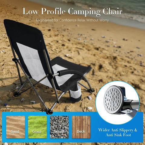 Low Profile Camping Beach Chair With Cup Holder, Storage Pocket, Breeze Mesh Back, Padded Armrests on sandy beach