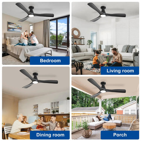 52 Inch Black Low Profile Flush Mount Ceiling Fan With Light 3 Blade Dimmable Remote Control Ultra Quiet DC Motor Timer in various rooms