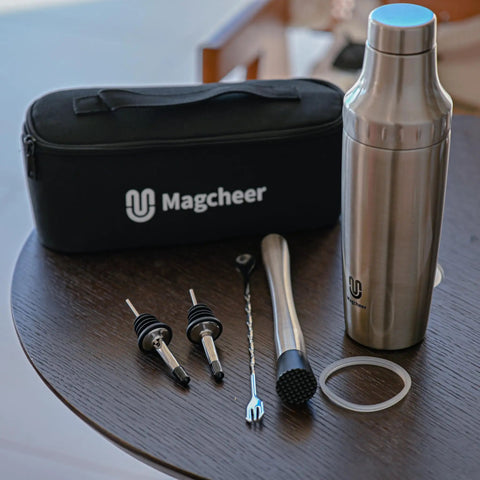 Hybrid Cocktail Shaker Set With Vacuum Insulated Double Wall Stainless Steel Construction 30oz Martini Shaker and accessories
