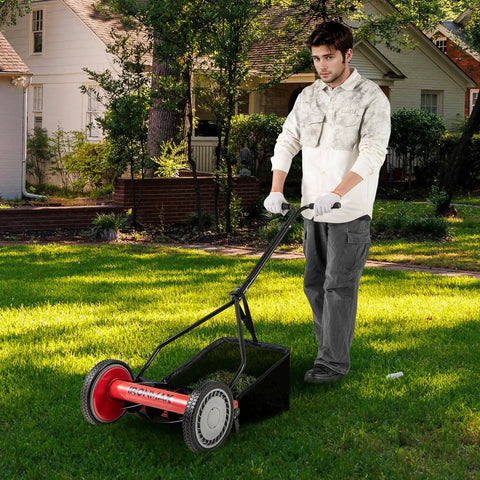 Red 14 Inch 5 Blade Push Reel Mower With Removable Grass Catcher For Small To Medium Yards Durable Steel Blades Clean Cuts Easy Maneuver Quiet Eco Friendly Lawn Care, man mowing lawn