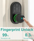 Keyless Entry Smart Door Lock With Fingerprint, Keypad And App Control For Front Door; shown with fingerprint being scanned.