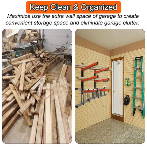 Three Level Lumber Storage Wall Mount Rack installed in garage for organizing wood pipes and workshop gear, four-pack set