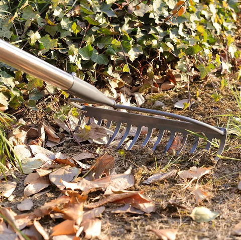 5 Ft Metal Lawn Rake With Level Head And 14 Tough Tines Stainless Steel Handle For Deep Loosening Of Soil in use on leaves