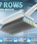 Heavy Duty Floor Scrubber With Long Ergonomic Handle And Stainless Steel Wire Bristles For Outdoor Cleaning On Concrete Patios Decks Garages And Gardens Waterproof Rust Resistant Built To Last showing close-up of bristle head