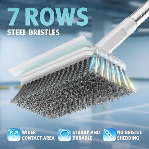 Heavy Duty Floor Scrubber With Long Ergonomic Handle And Stainless Steel Wire Bristles For Outdoor Cleaning On Concrete Patios Decks Garages And Gardens Waterproof Rust Resistant Built To Last showing close-up of bristle head