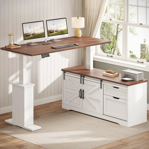 L Shaped Standing Desk With Storage Drawers And Power Outlets, 55 Inch Height Adjustable Corner Desk For Home Office