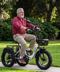 750W Fat Tire Electric Tricycle For Adults And Seniors With Three Wheels E Trike 48V 13Ah UL 2849 Battery 55 Mile Range Semi Recumbent Three Wheel With Hydraulic Brakes Premium Red Model, older man riding