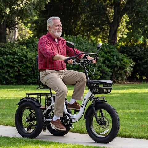 750W Electric Tricycle For Adults And Seniors With Fat Tires, 3 Wheel E Trike, 48V 13Ah UL 2849 Battery, 55 Mile Range, Semi Recumbent Design, Hydraulic Brakes, Easy Hill Climb And Smooth Everyday Ride, side view with rider