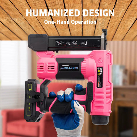 Close-up of Heavy Duty 20V Cordless Brad Nailer Jam Free 18 Gauge Two In One Stapler Kit showing ergonomic grip and battery.