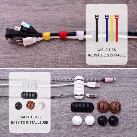 Cable ties and clips from Triple Pack Wooden Grain Cable Management Boxes Set With 18-Piece Cable Management Kit, shown separately.