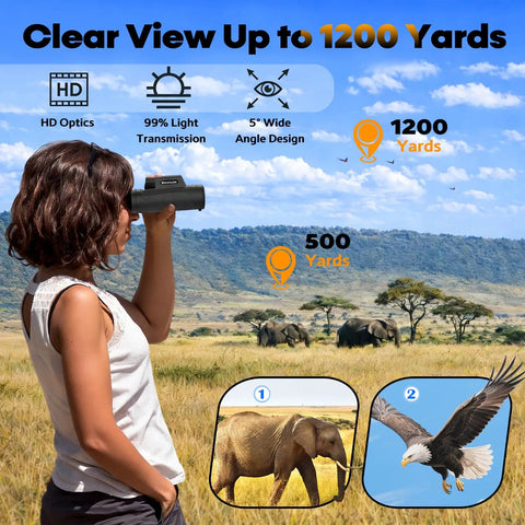 Person using Ultra Clear 80x100 Monocular Telescope Kit With 50mm Objective Lens Fully Coated Optics Smartphone Adapter And Tripod No Fuss Setup For Bird Watching Camping Hiking Travel And Outdoor Wildlife Adventures, viewing elephants.