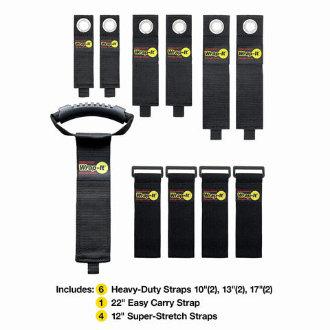 Garage Organization Value Pack With Assorted Storage Straps For Cords And Hoses Cable Management Essentials displayed in various sizes.