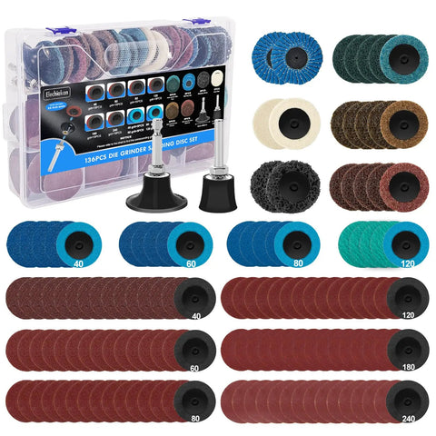 136 Pcs 2 Inch Die Grinder Sanding Discs Kit With Quick Change 1/4 Roll Lock For Right Angle Grinders And M12 Drills displayed.
